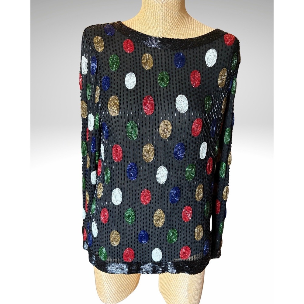 Vintage 80s Silk Beaded Blouse India Heavy- Black With Colorful Polka Dots READ